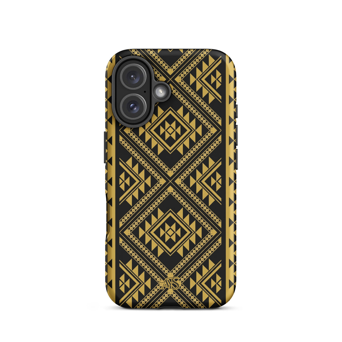 Midnight Prestige Geometric Tough Phone Case with a black-and-gold pattern and AYS logo at the bottom, designed for iPhone 16 