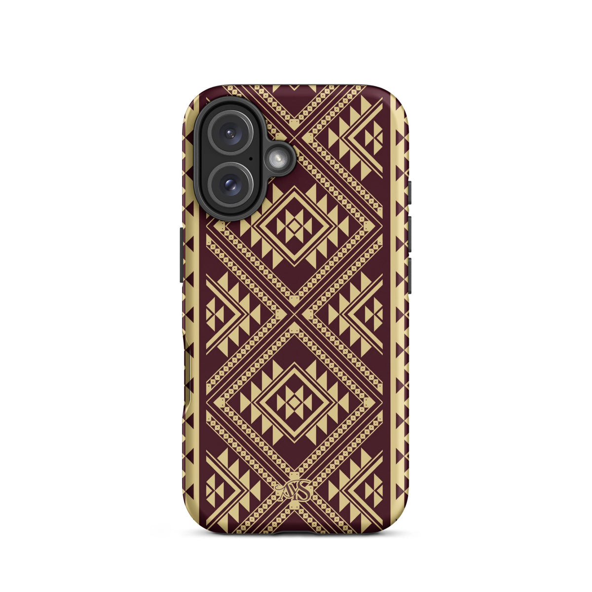 Burgundy Rose Geometric Tough Phone Case with a burgundy-and-rose gold pattern and AYS logo at the bottom, designed for iPhone 16