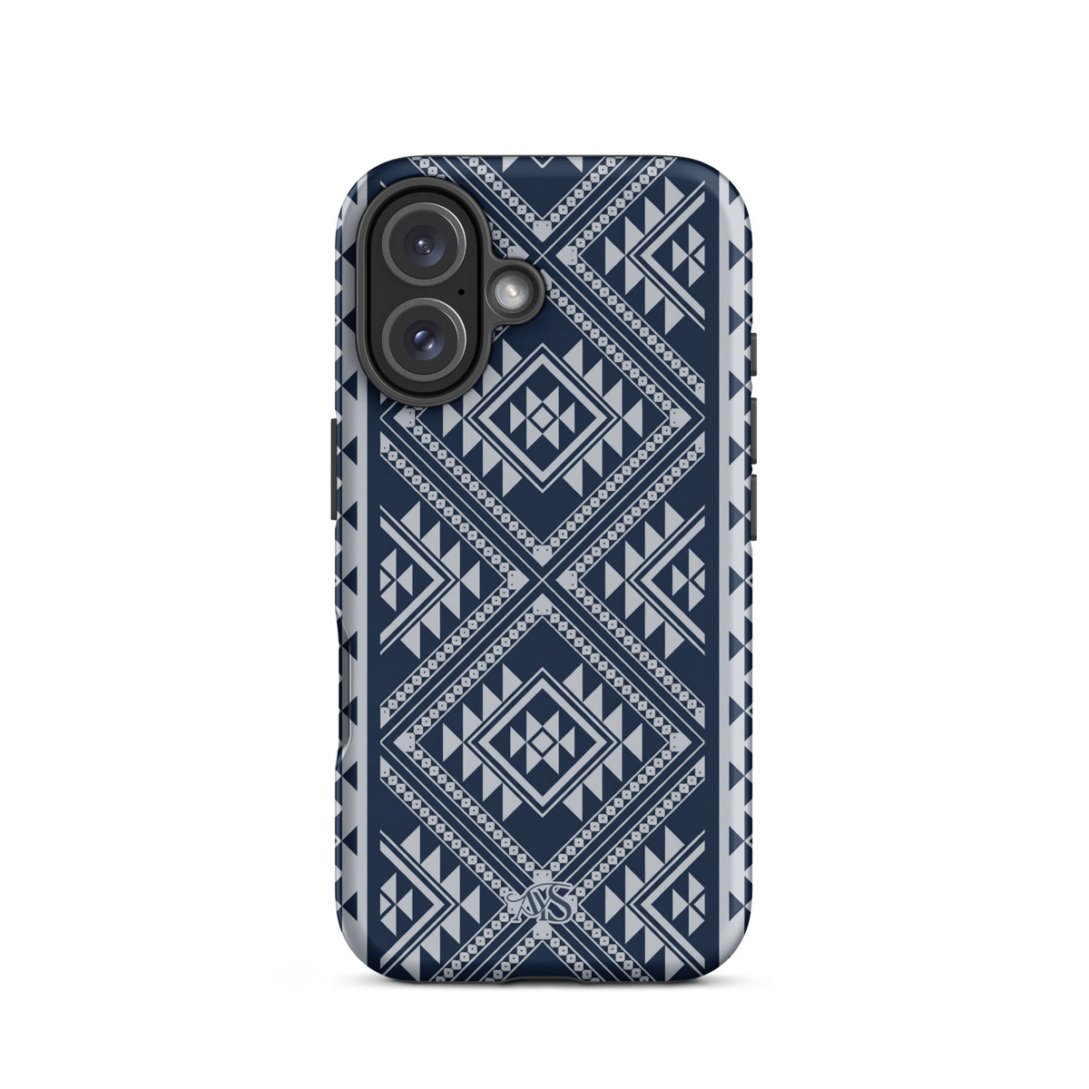 Royal Navy Geometric Tough Phone Case with a Royal Navy-and-silver pattern and AYS logo at the bottom, designed for iPhone 16