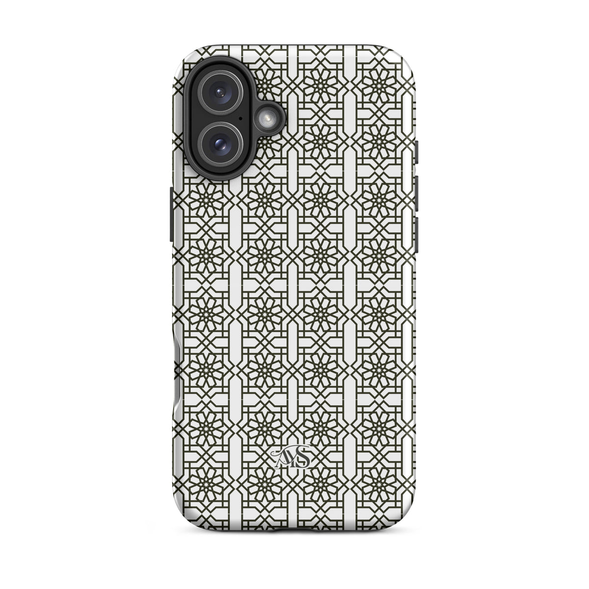 White Classic Noor geometric tough phone case with a black-and-white pattern and AYS logo at the bottom, designed for iPhone 16 Plus