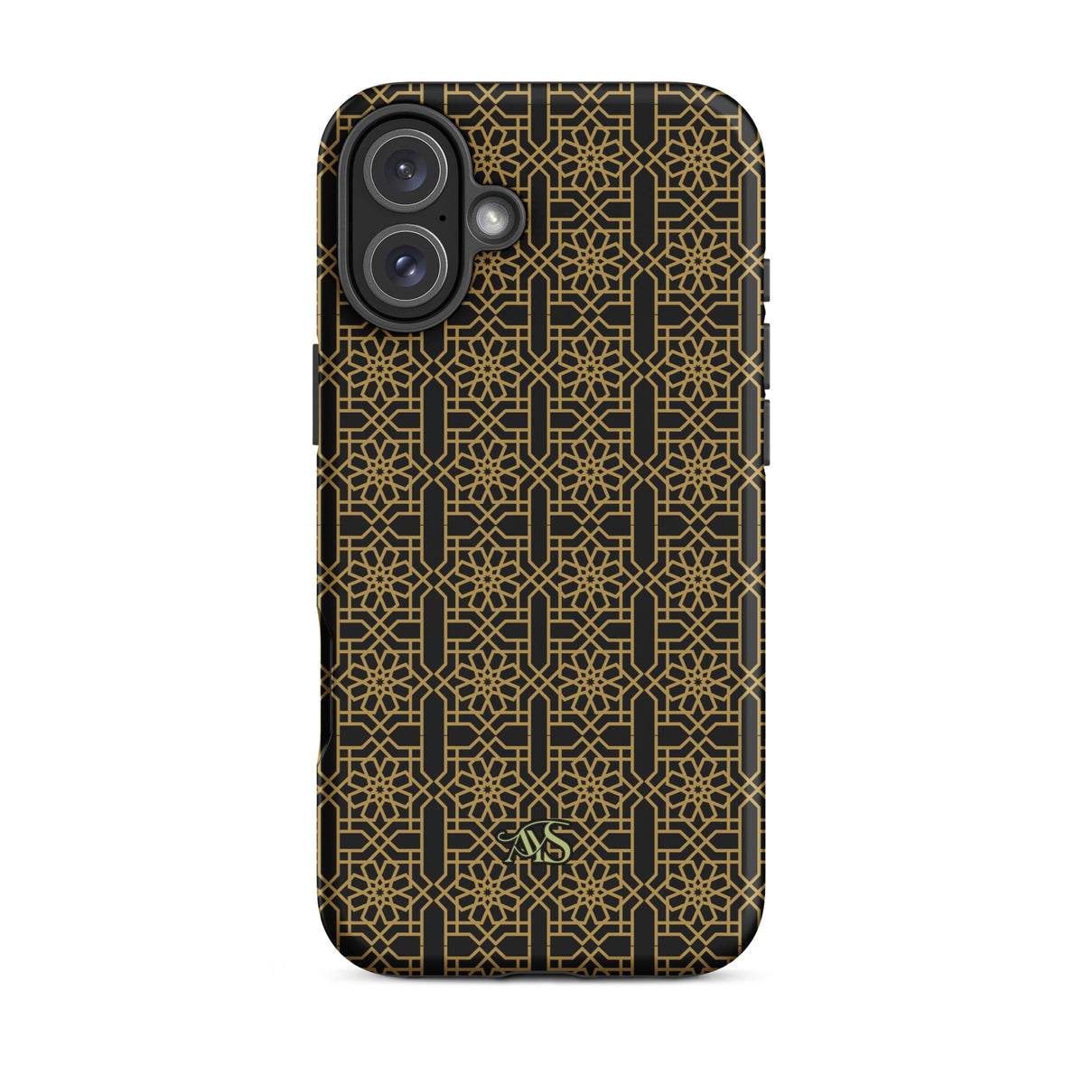 Midnight Gold Noor Tough Phone Case with a black-and-gold pattern and AYS logo at the bottom, designed for iPhone 16 Plus