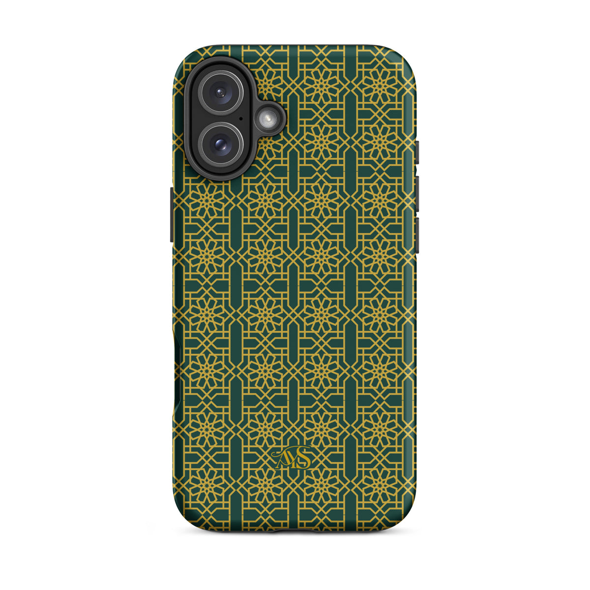 Emerald Gold Noor Tough Phone Case with a green-and-gold pattern and AYS logo at the bottom, designed for iPhone 16 Plus