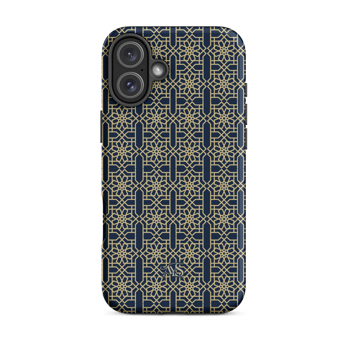 Royal Navy Noor Tough Phone Case with a blue-and-gold pattern and AYS logo at the bottom, designed for iPhone 16 Plus