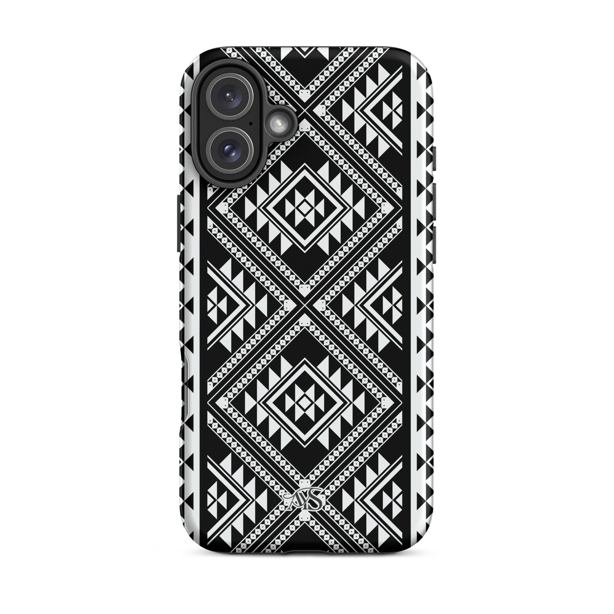 Monochrome Geometric Tough Phone Case with a black-and-white pattern and AYS logo at the bottom, designed for iPhone 16 Plus