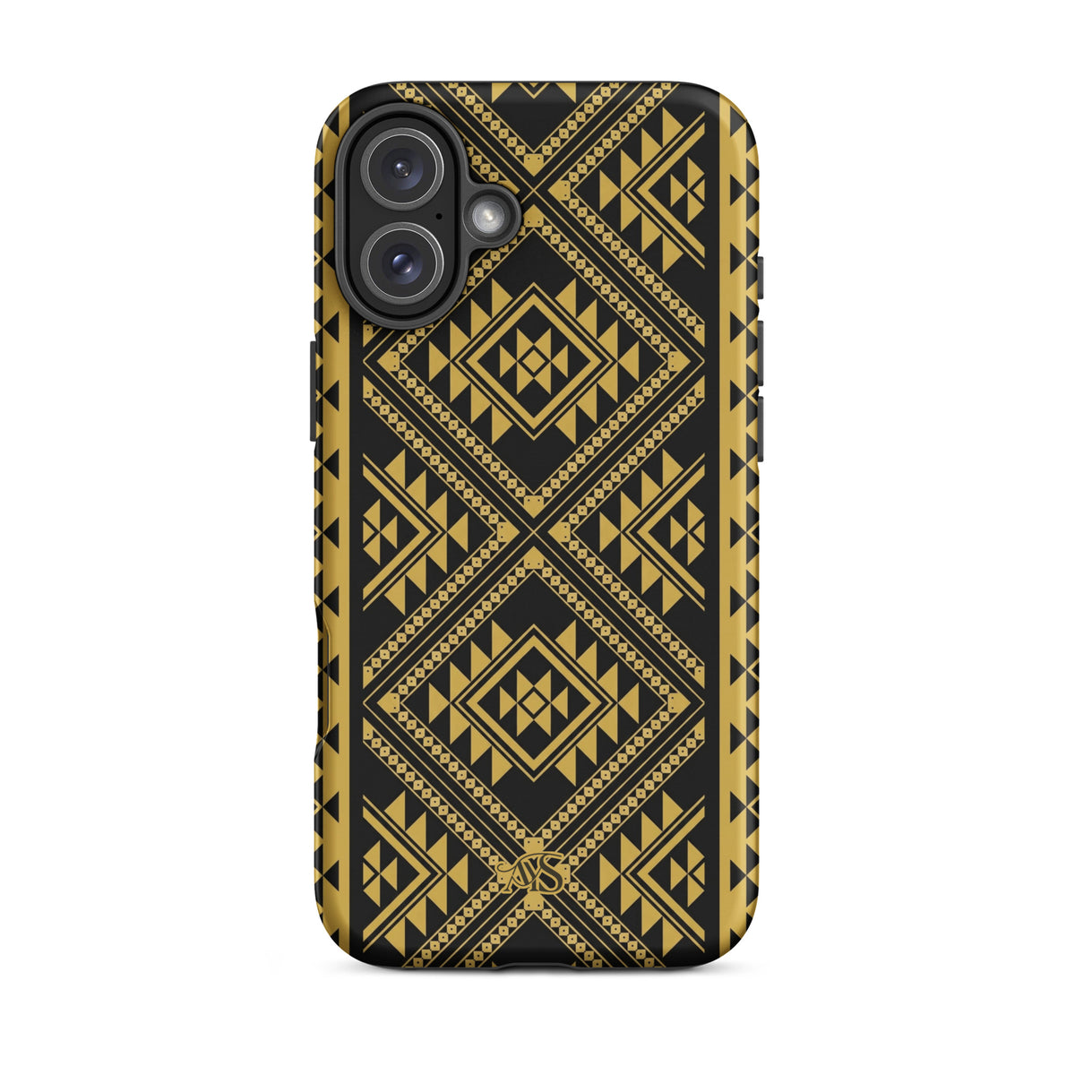 Midnight Prestige Geometric Tough Phone Case with a black-and-gold pattern and AYS logo at the bottom, designed for iPhone 16 Plus