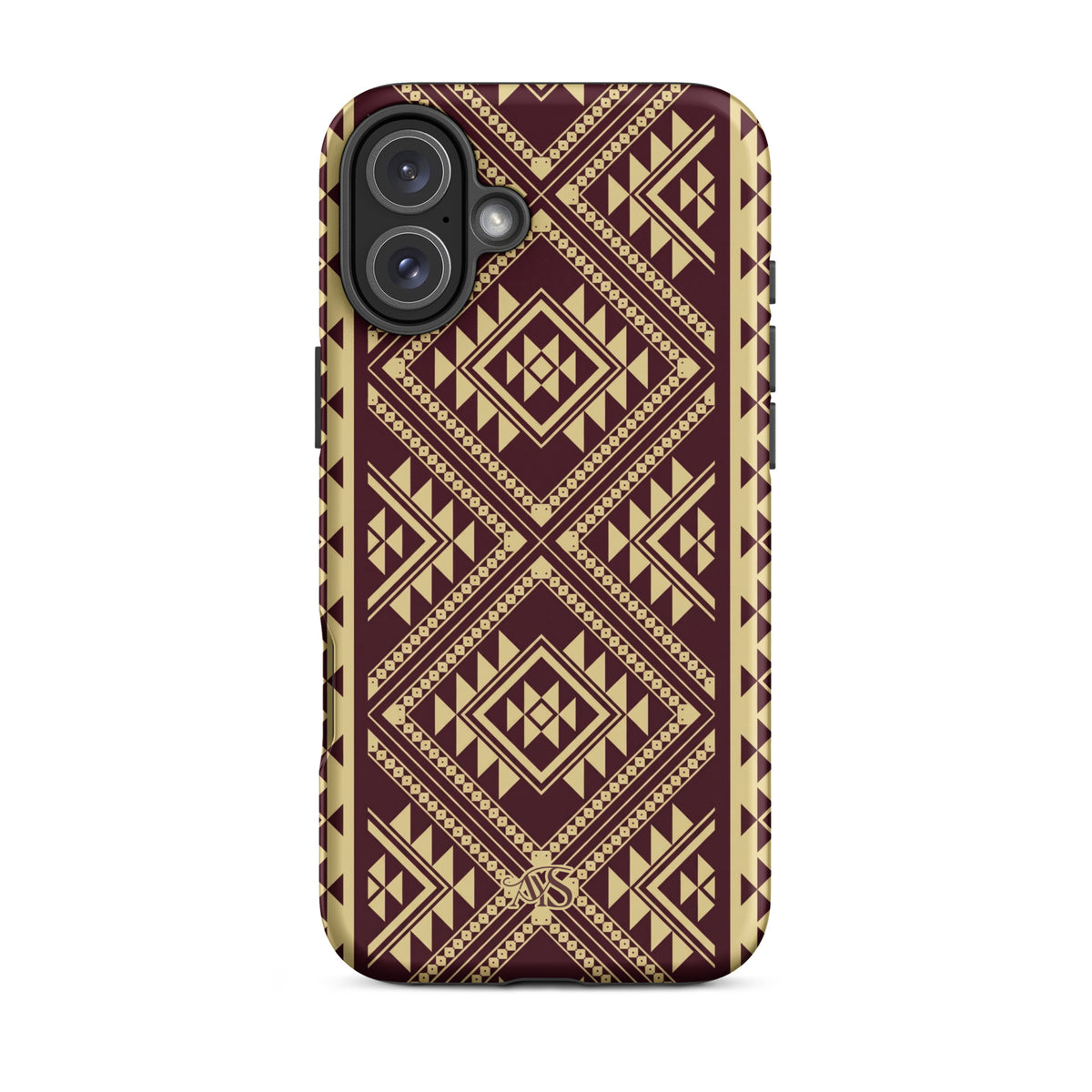 Burgundy Rose Geometric Tough Phone Case with a burgundy-and-rose gold pattern and AYS logo at the bottom, designed for iPhone 16 Plus