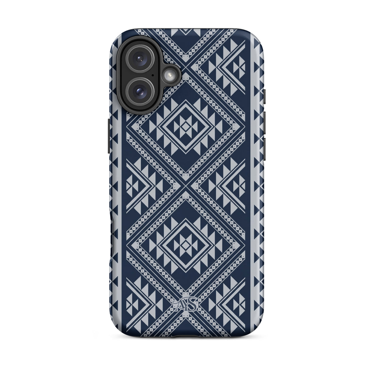 Royal Navy Geometric Tough Phone Case with a Royal Navy-and-silver pattern and AYS logo at the bottom, designed for iPhone 16 Plus