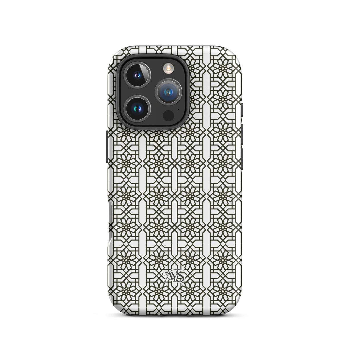 White Classic Noor geometric tough phone case with a black-and-white pattern and AYS logo at the bottom, designed for iPhone 16 Pro