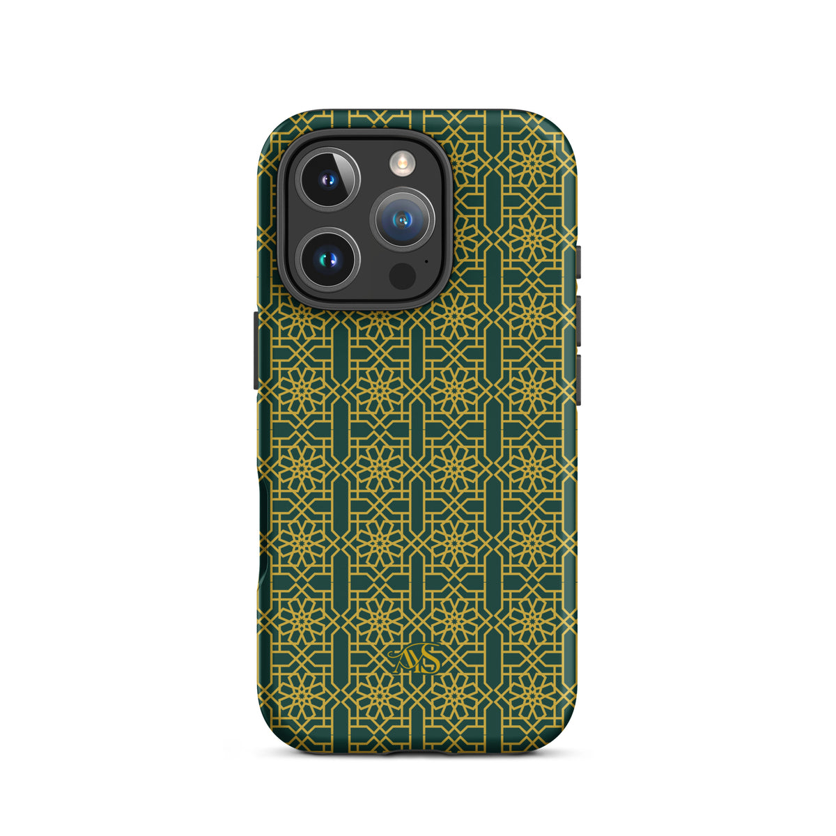 Emerald Gold Noor Tough Phone Case with a green-and-gold pattern and AYS logo at the bottom, designed for iPhone 16 Pro