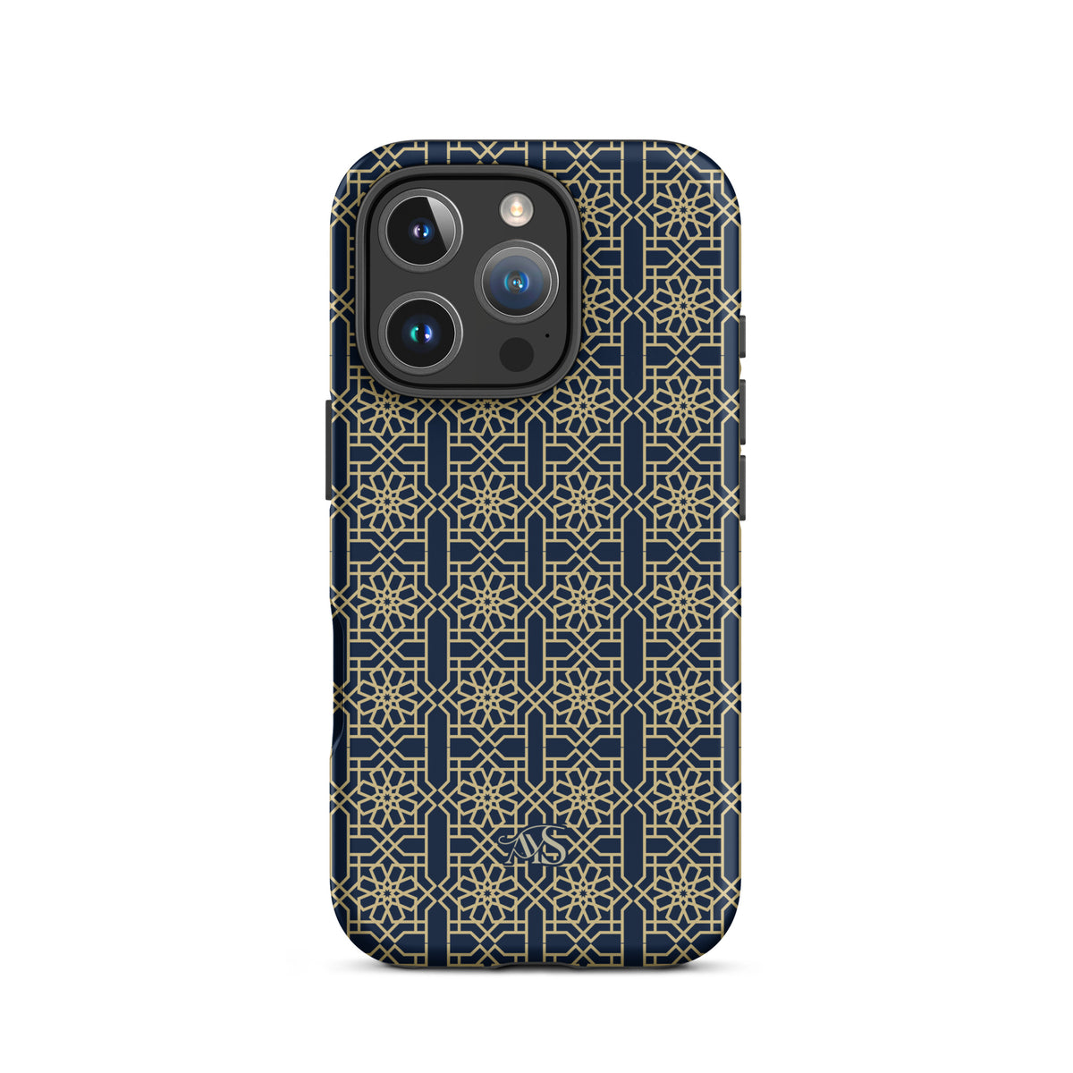 Royal Navy Noor Tough Phone Case with a blue-and-gold pattern and AYS logo at the bottom, designed for iPhone 16 Pro