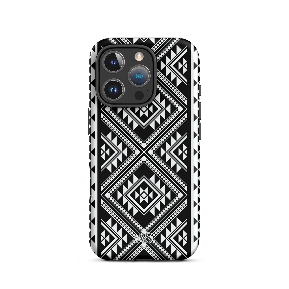 Monochrome Geometric Tough Phone Case with a black-and-white pattern and AYS logo at the bottom, designed for iPhone 16 Pro