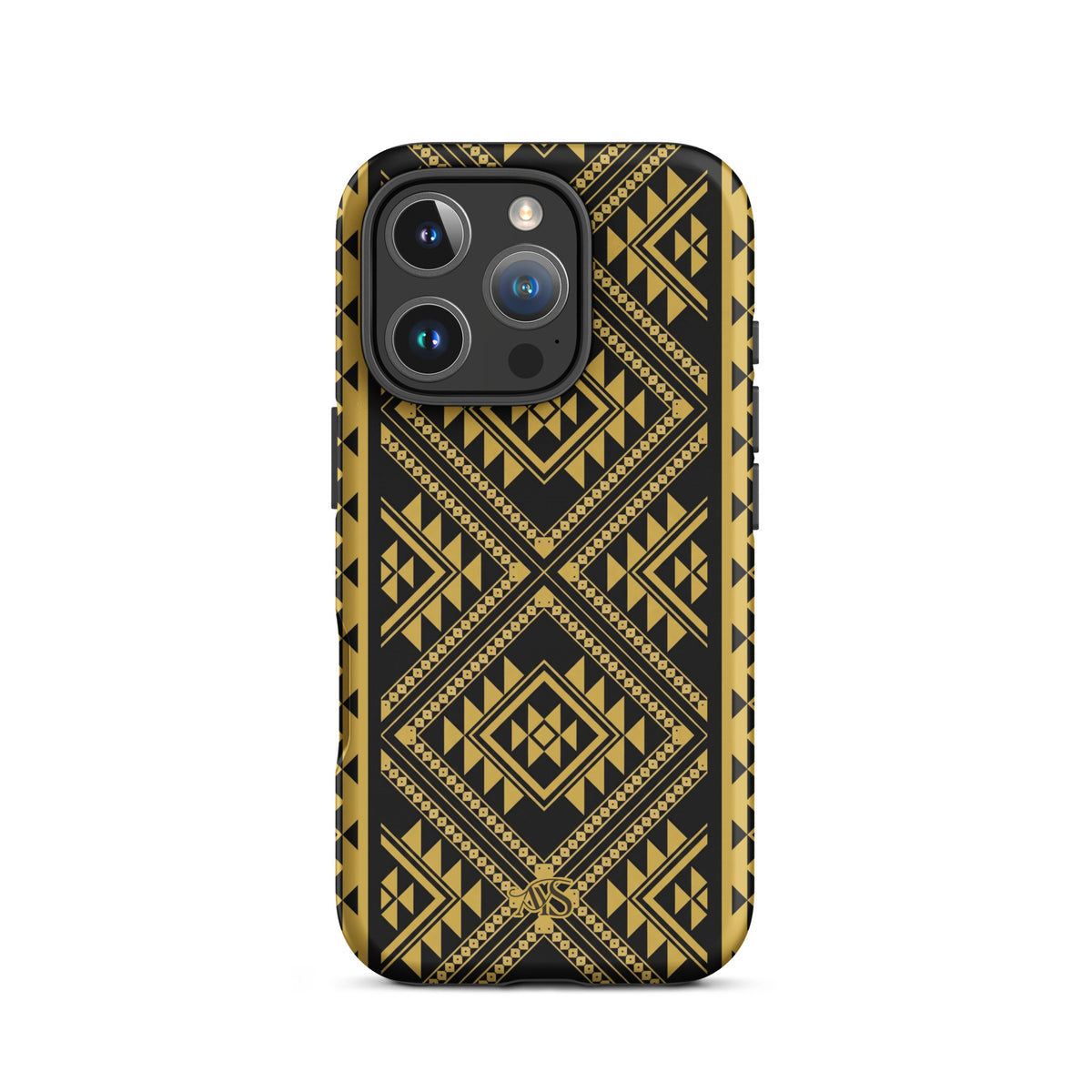 Midnight Prestige Geometric Tough Phone Case with a black-and-gold pattern and AYS logo at the bottom, designed for iPhone 16 Pro