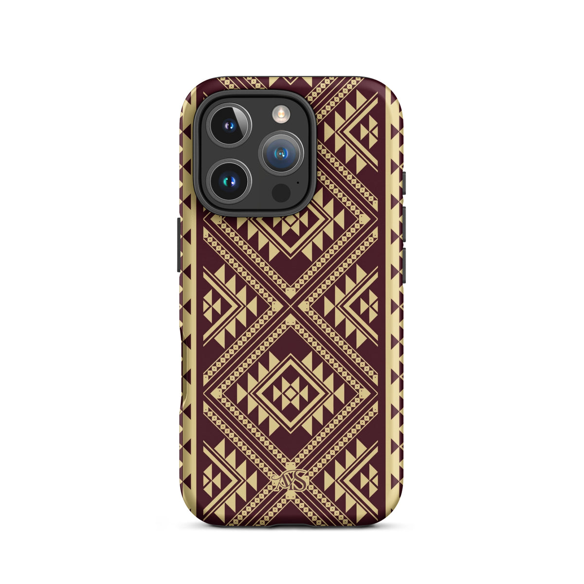 Burgundy Rose Geometric Tough Phone Case with a burgundy-and-rose gold pattern and AYS logo at the bottom, designed for iPhone 16 Pro