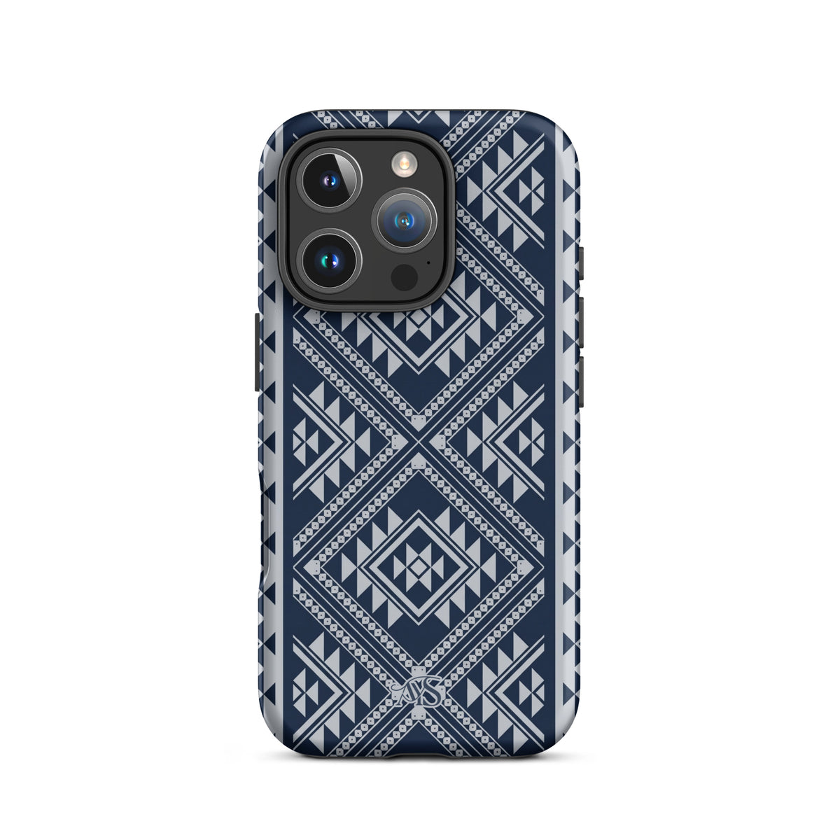 Royal Navy Geometric Tough Phone Case with a Royal Navy-and-silver pattern and AYS logo at the bottom, designed for iPhone 16 Pro