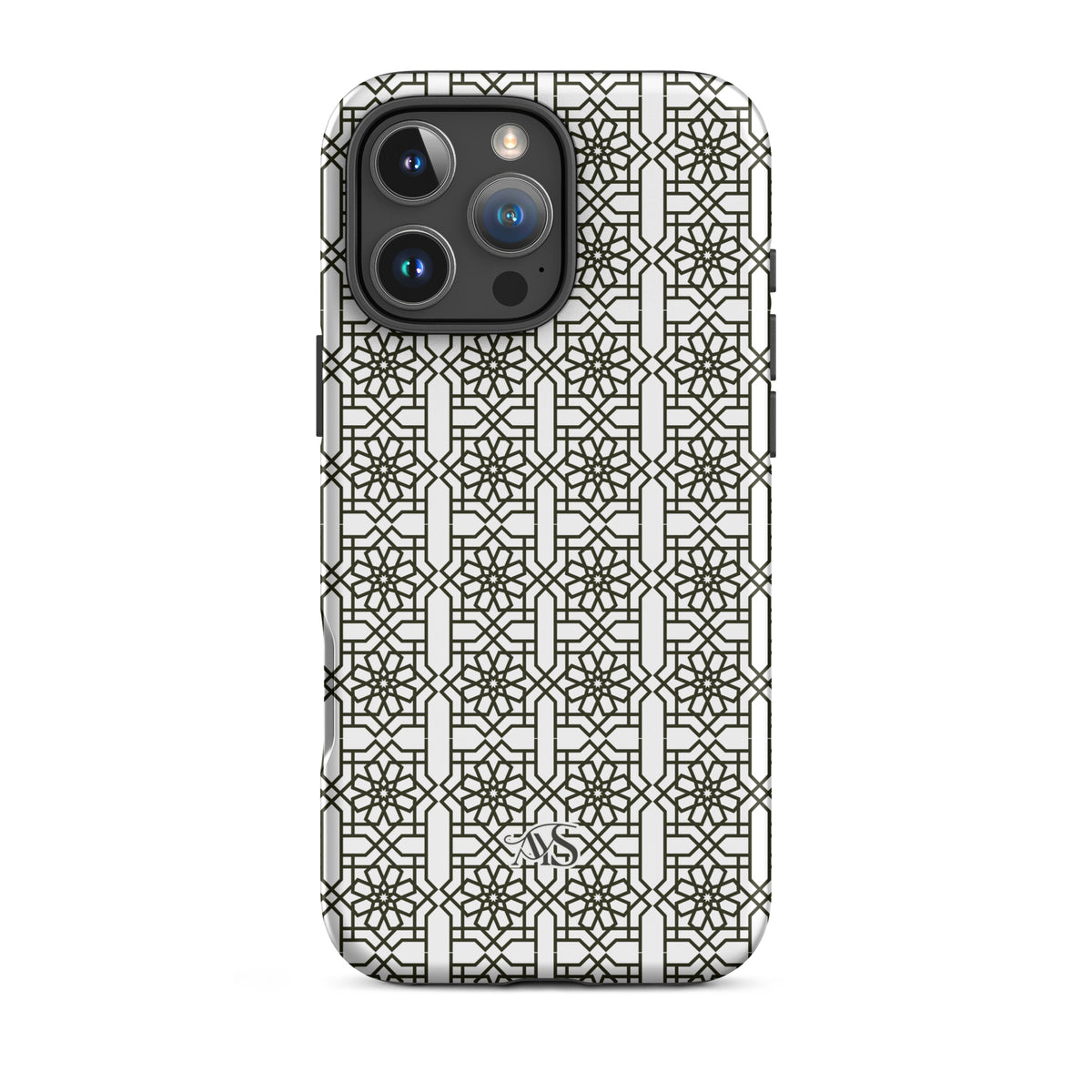 White Classic Noor geometric tough phone case with a black-and-white pattern and AYS logo at the bottom, designed for iPhone 16 Pro Max