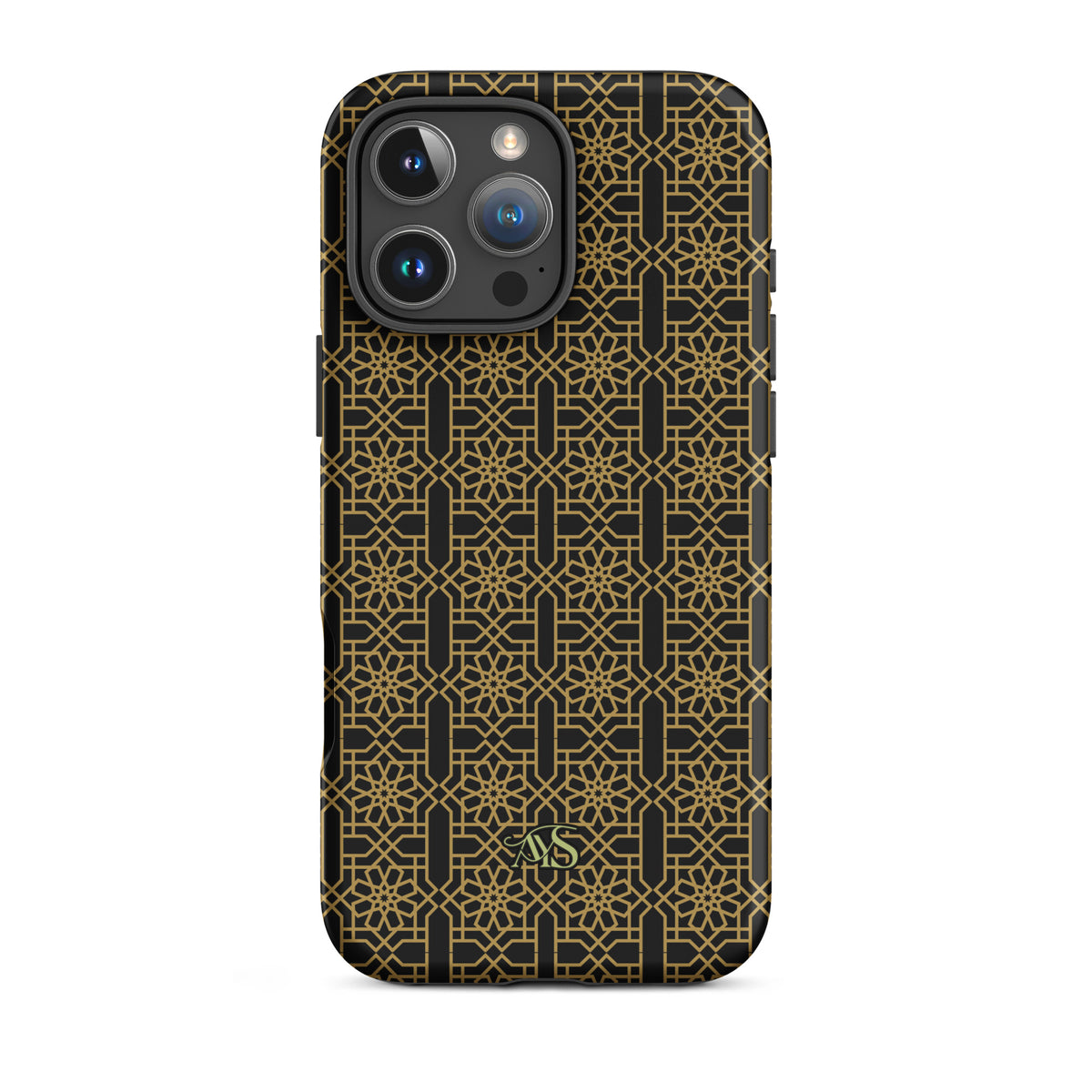 Midnight Gold Noor Tough Phone Case with a black-and-gold pattern and AYS logo at the bottom, designed for iPhone 16 Pro Max