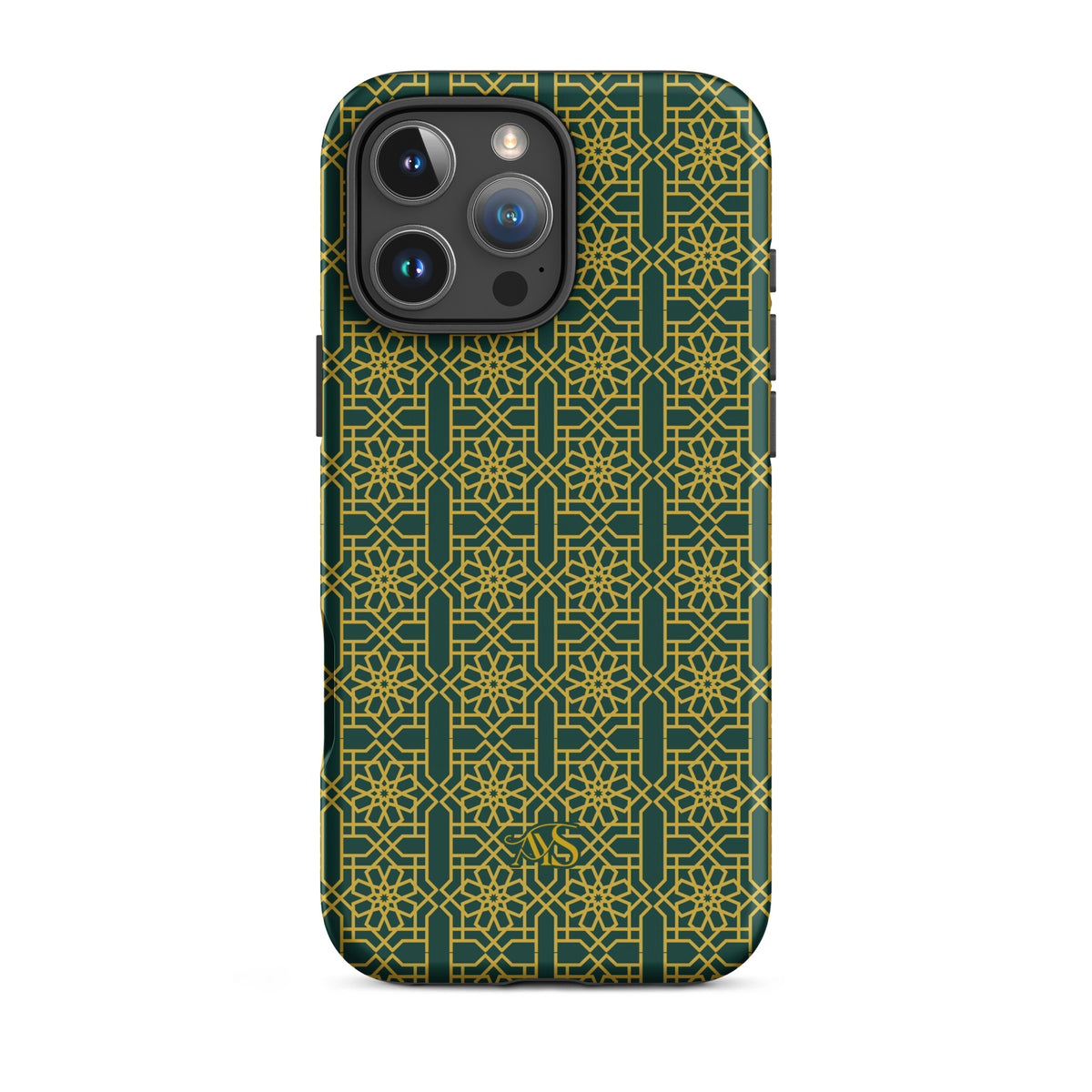 Emerald Gold Noor Tough Phone Case with a green-and-gold pattern and AYS logo at the bottom, designed for iPhone 16 Pro Max