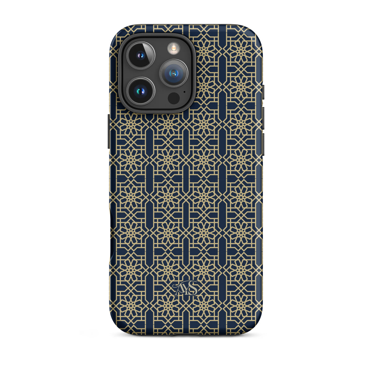 Royal Navy Noor Tough Phone Case with a blue-and-gold pattern and AYS logo at the bottom, designed for iPhone 16 Pro Max