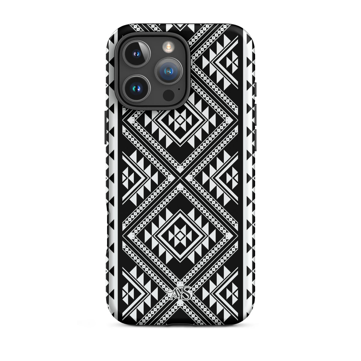 Monochrome Geometric Tough Phone Case with a black-and-white pattern and AYS logo at the bottom, designed for iPhone 16 Pro Max