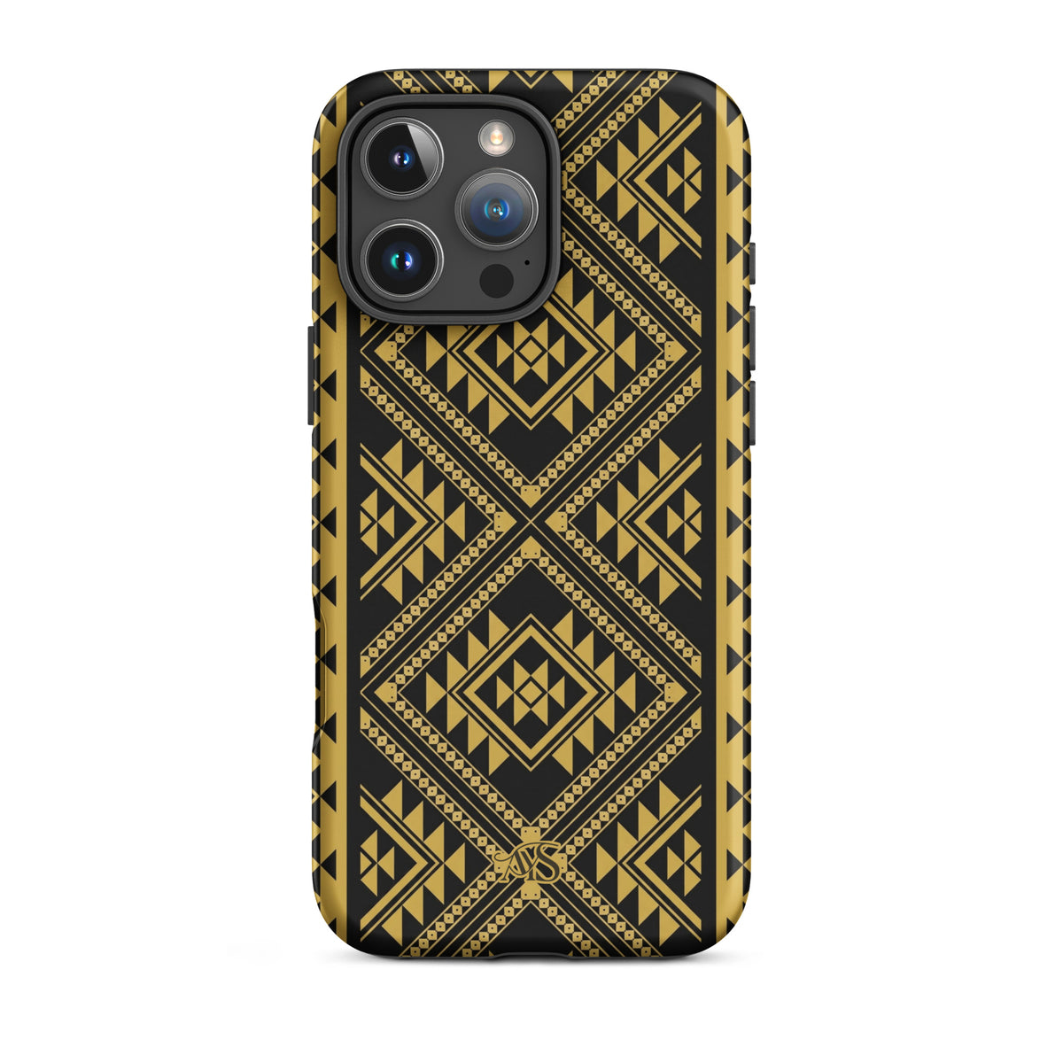 Midnight Prestige Geometric Tough Phone Case with a black-and-gold pattern and AYS logo at the bottom, designed for iPhone 16 Pro Max