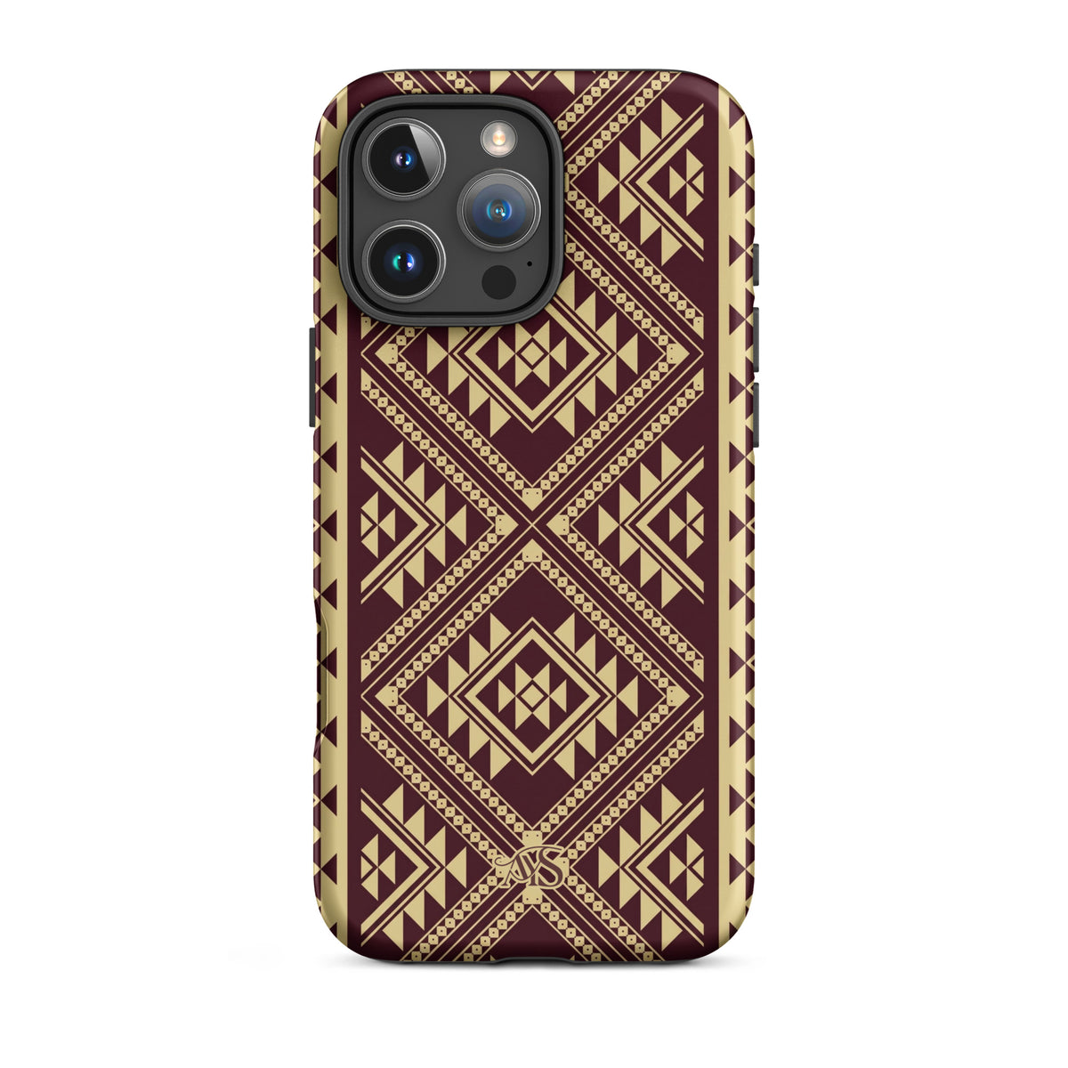 Burgundy Rose Geometric Tough Phone Case with a burgundy-and-rose gold pattern and AYS logo at the bottom, designed for iPhone 16 Pro Max
