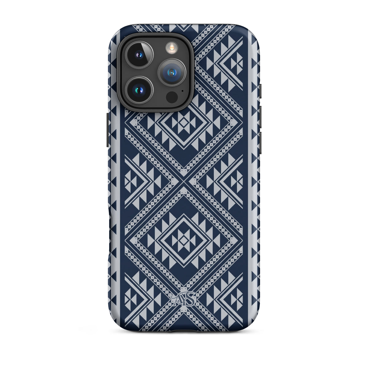 Royal Navy Geometric Tough Phone Case with a Royal Navy-and-silver pattern and AYS logo at the bottom, designed for iPhone 16 Pro Max