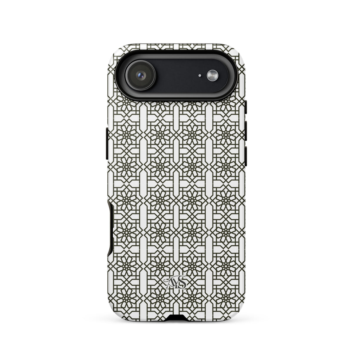 White Classic Noor geometric tough phone case with a black-and-white pattern and AYS logo at the bottom, designed for iPhone 17 Air
