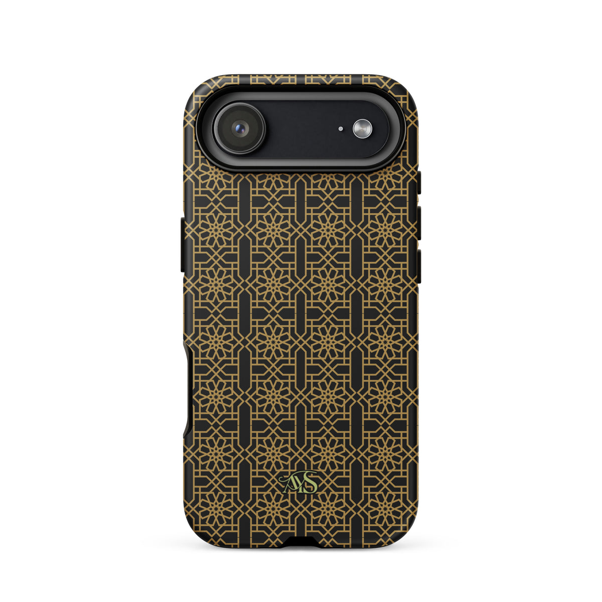 Midnight Gold Noor Tough Phone Case with a black-and-gold pattern and AYS logo at the bottom, designed for iPhone 17 Air
