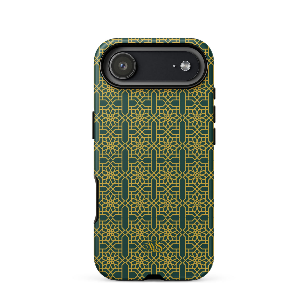 Emerald Gold Noor Tough Phone Case with a green-and-gold pattern and AYS logo at the bottom, designed for iPhone 17 Air