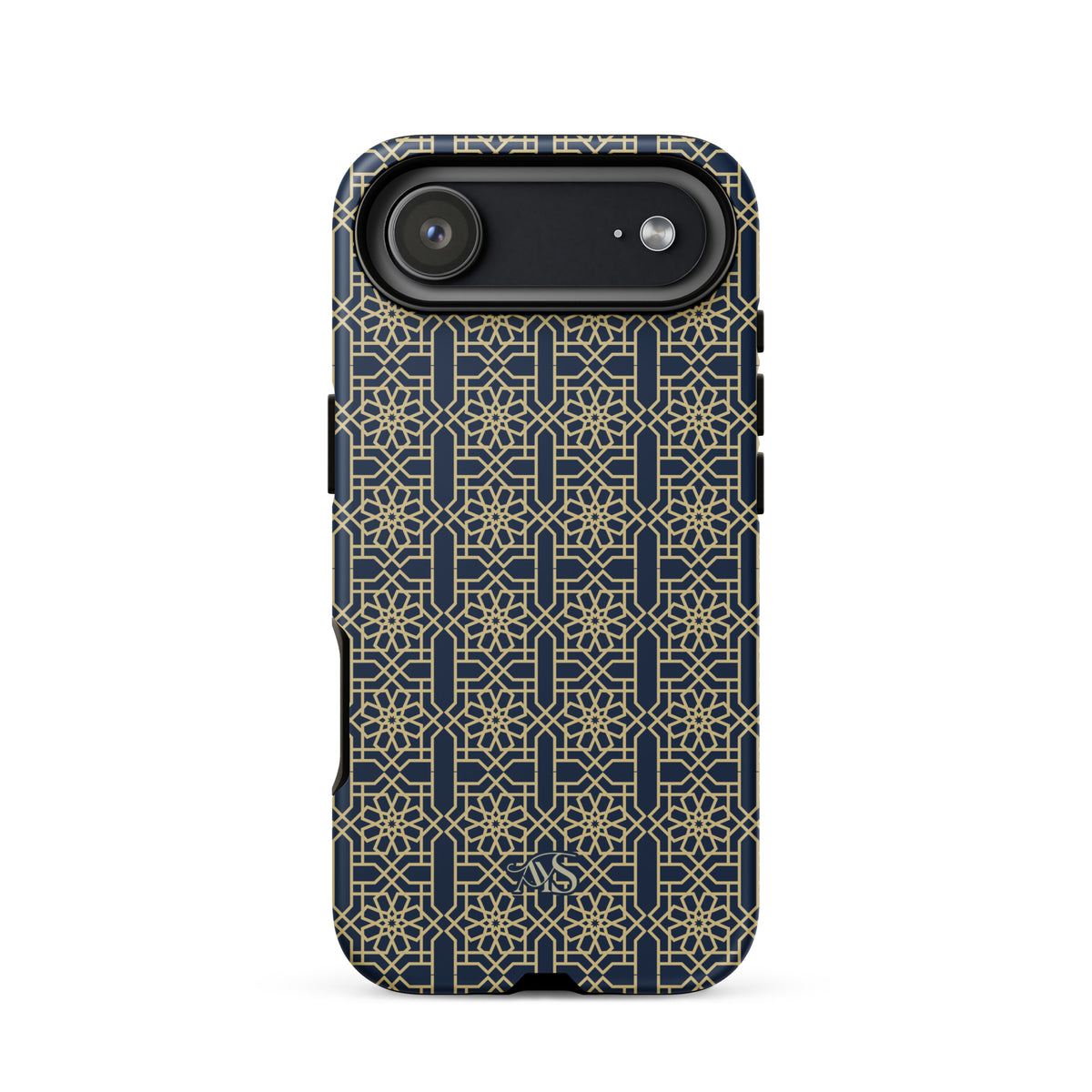 Royal Navy Noor Tough Phone Case with a blue-and-gold pattern and AYS logo at the bottom, designed for iPhone 17 Air