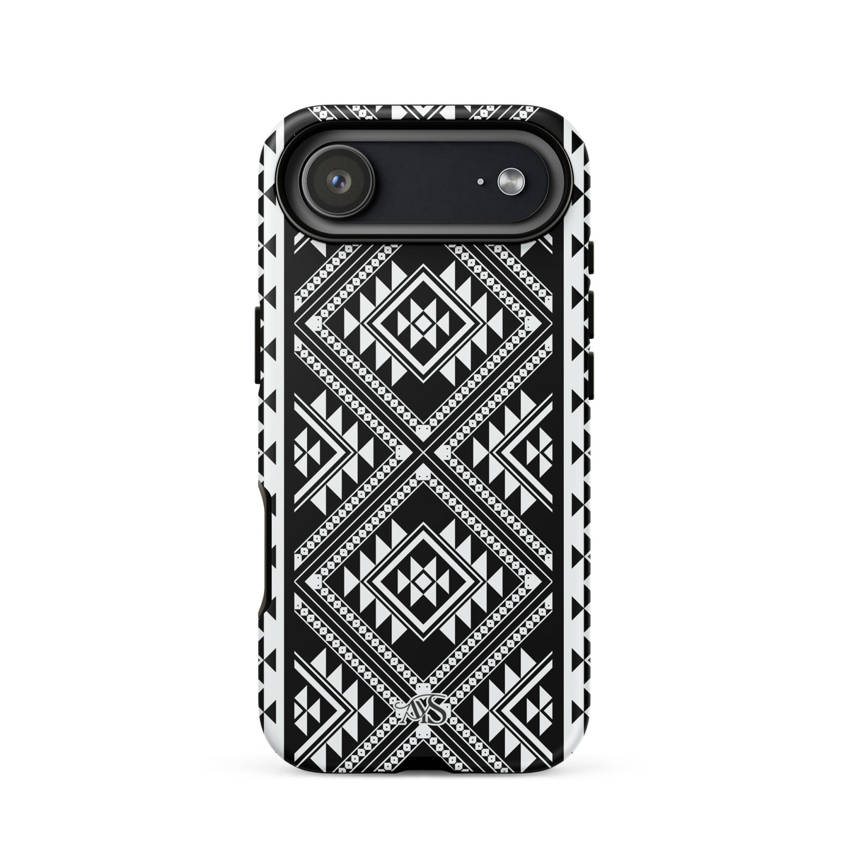 Monochrome Geometric Tough Phone Case with a black-and-white pattern and AYS logo at the bottom, designed for iPhone 17 Air