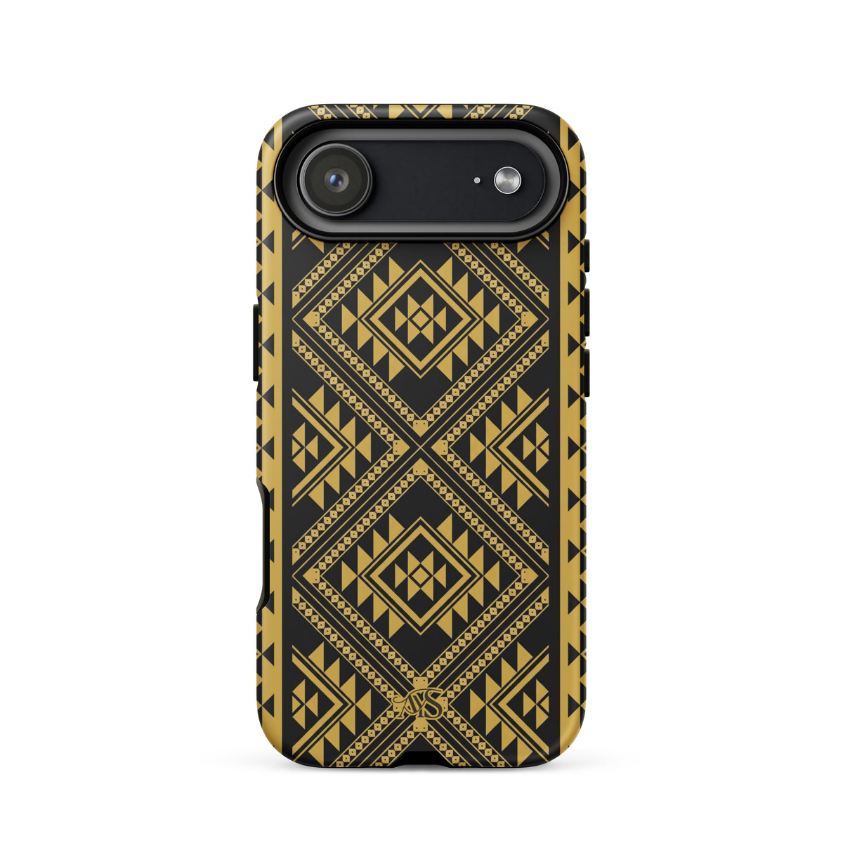 Midnight Prestige Geometric Tough Phone Case with a black-and-gold pattern and AYS logo at the bottom, designed for iPhone 17 Air