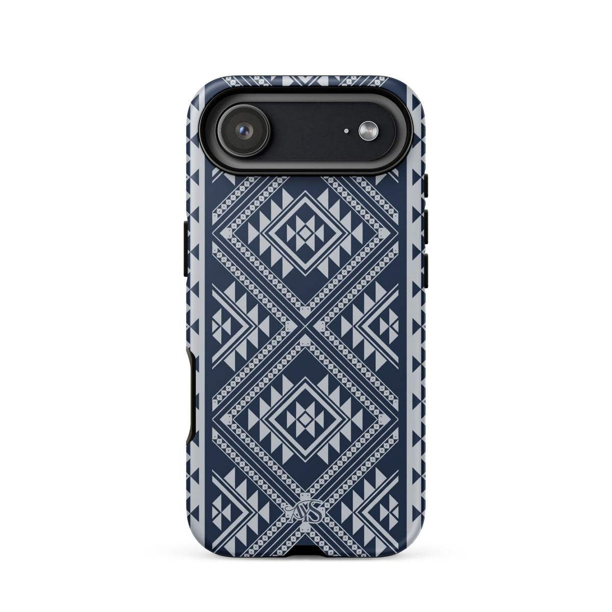 Royal Navy Geometric Tough Phone Case with a Royal Navy-and-silver pattern and AYS logo at the bottom, designed for iPhone 17 Air