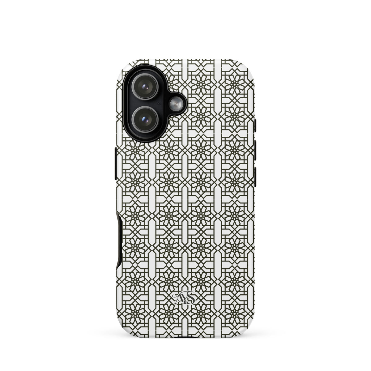 White Classic Noor geometric tough phone case with a black-and-white pattern and AYS logo at the bottom, designed for iPhone 17