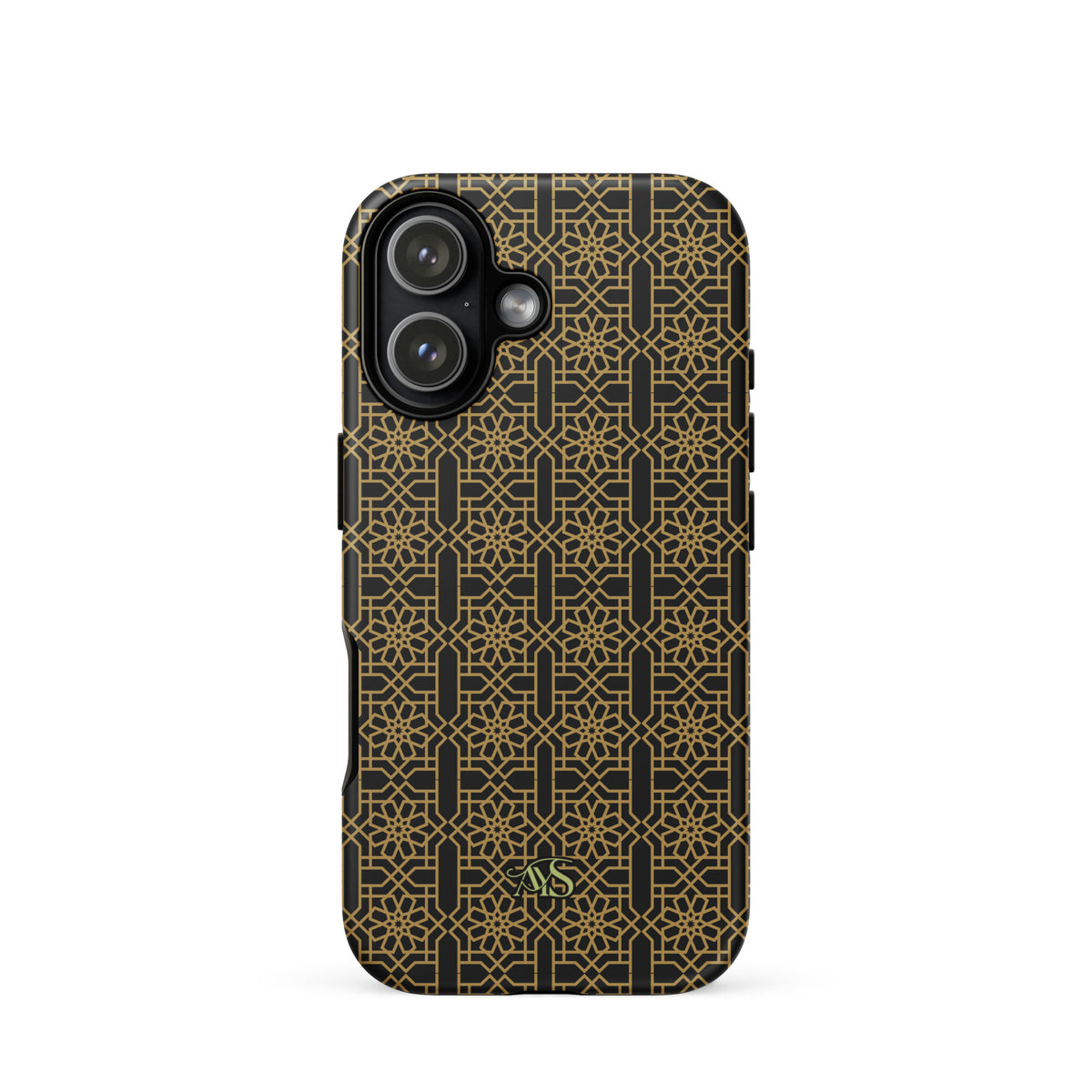Midnight Gold Noor Tough Phone Case with a black-and-gold pattern and AYS logo at the bottom, designed for iPhone 17