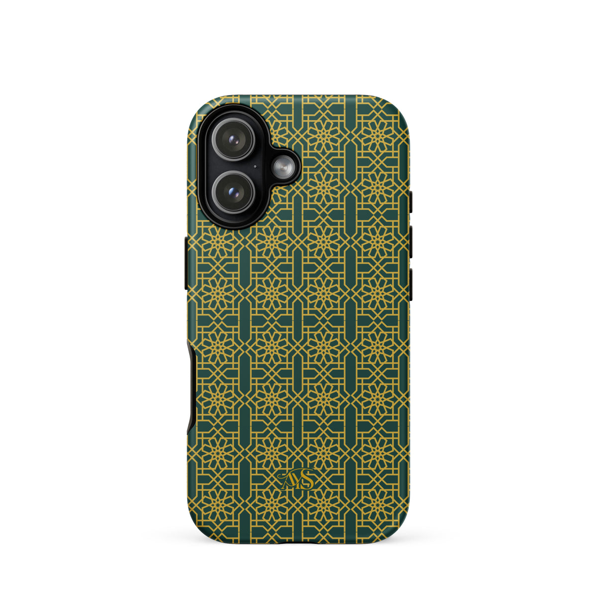 Emerald Gold Noor Tough Phone Case with a green-and-gold pattern and AYS logo at the bottom, designed for iPhone 17