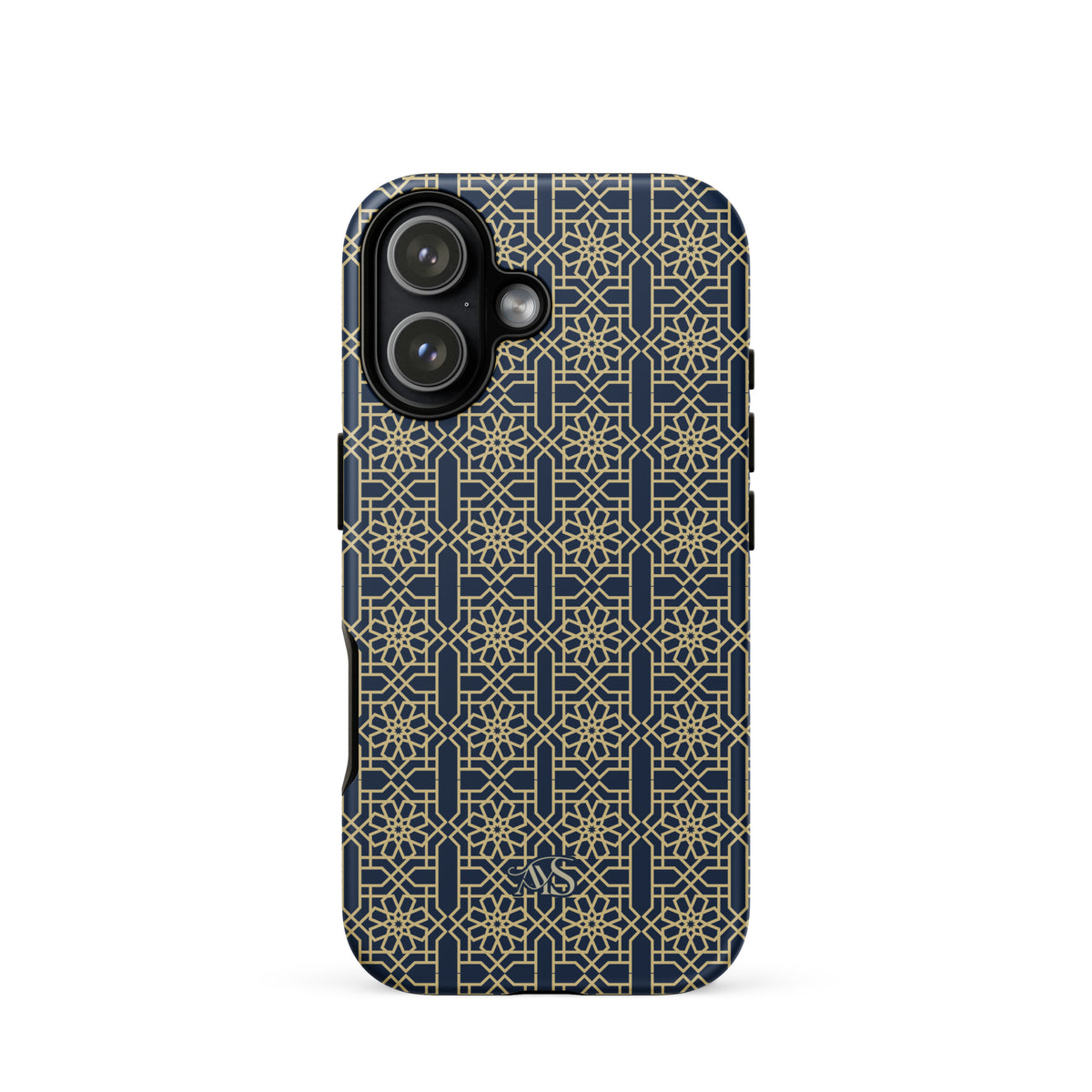 Royal Navy Noor Tough Phone Case with a blue-and-gold pattern and AYS logo at the bottom, designed for iPhone 17