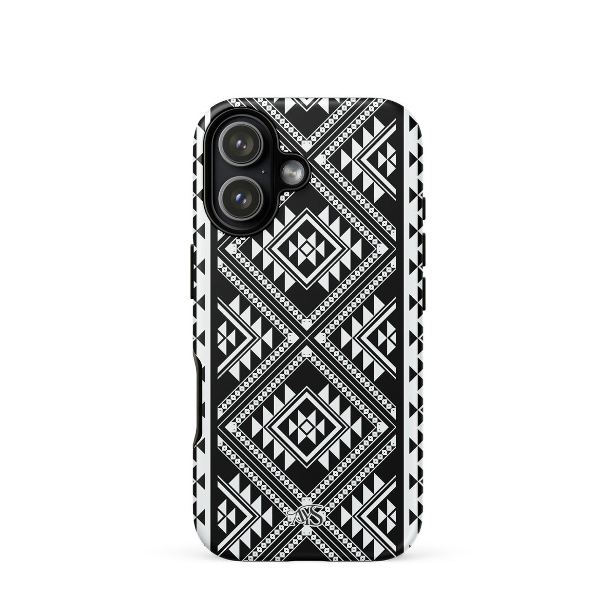 Monochrome Geometric Tough Phone Case with a black-and-white pattern and AYS logo at the bottom, designed for iPhone 17