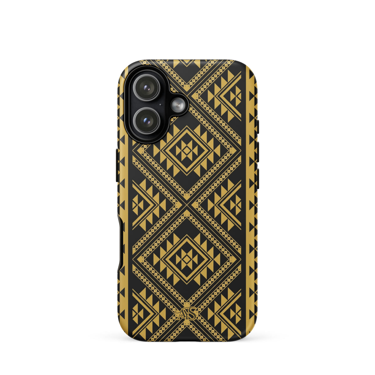 Midnight Prestige Geometric Tough Phone Case with a black-and-gold pattern and AYS logo at the bottom, designed for iPhone 17