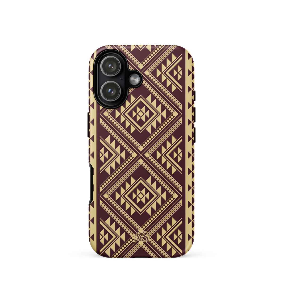 Burgundy Rose Geometric Tough Phone Case with a burgundy-and-rose gold pattern and AYS logo at the bottom, designed for iPhone 17