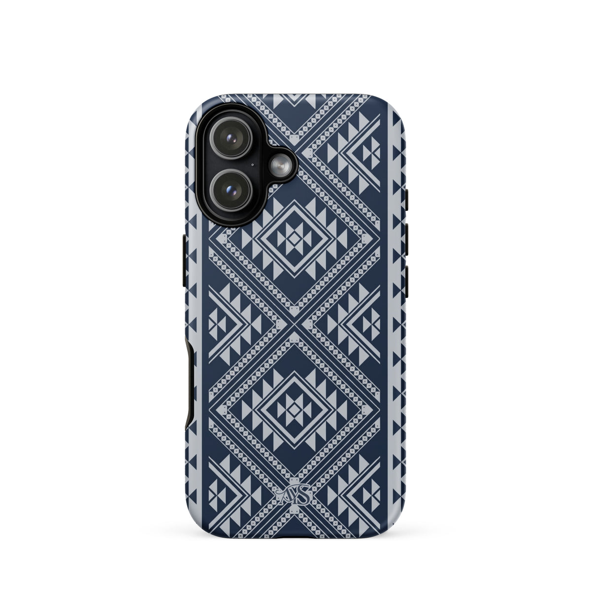 Royal Navy Geometric Tough Phone Case with a Royal Navy-and-silver pattern and AYS logo at the bottom, designed for iPhone 17