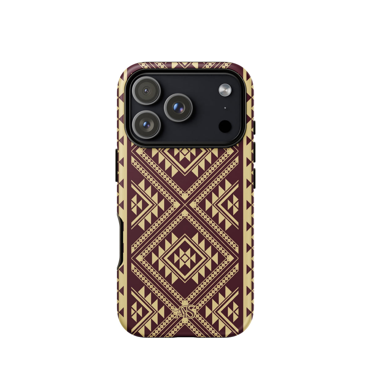 Burgundy Rose Geometric Tough Phone Case with a burgundy-and-rose gold pattern and AYS logo at the bottom, designed for iPhone 17 Pro