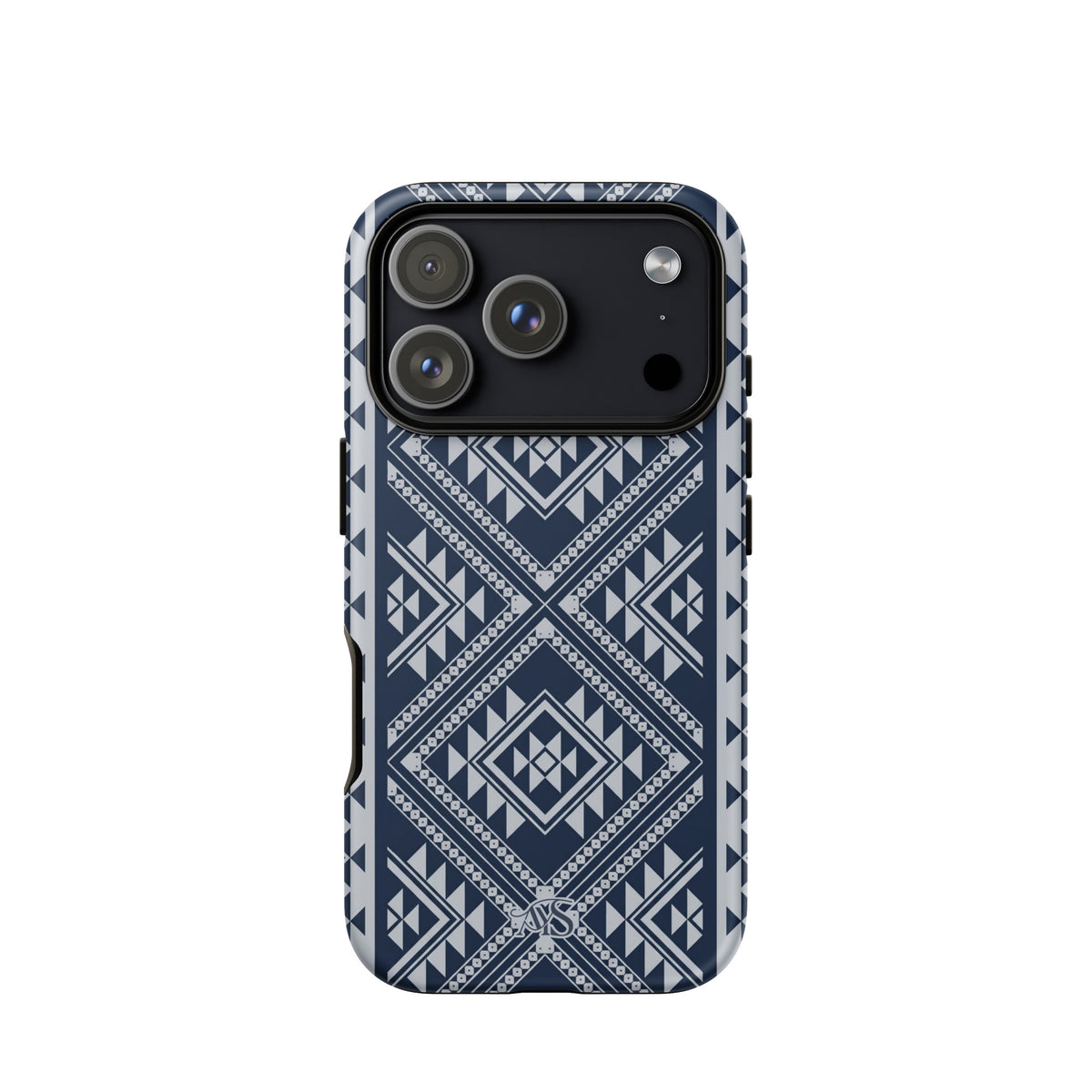 Royal Navy Geometric Tough Phone Case with a Royal Navy-and-silver pattern and AYS logo at the bottom, designed for iPhone 17 Pro