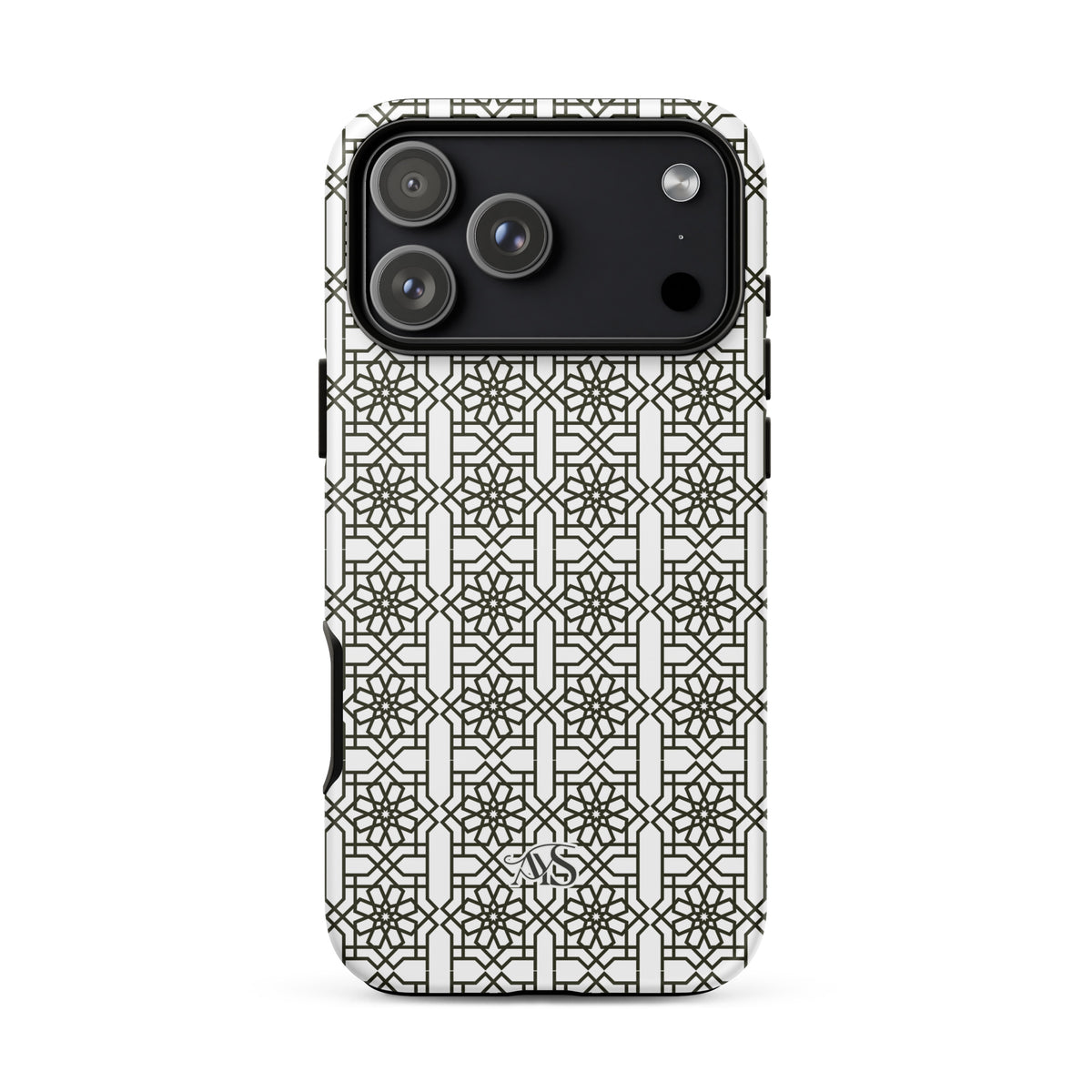 White Classic Noor geometric tough phone case with a black-and-white pattern and AYS logo at the bottom, designed for iPhone 17 Pro Max