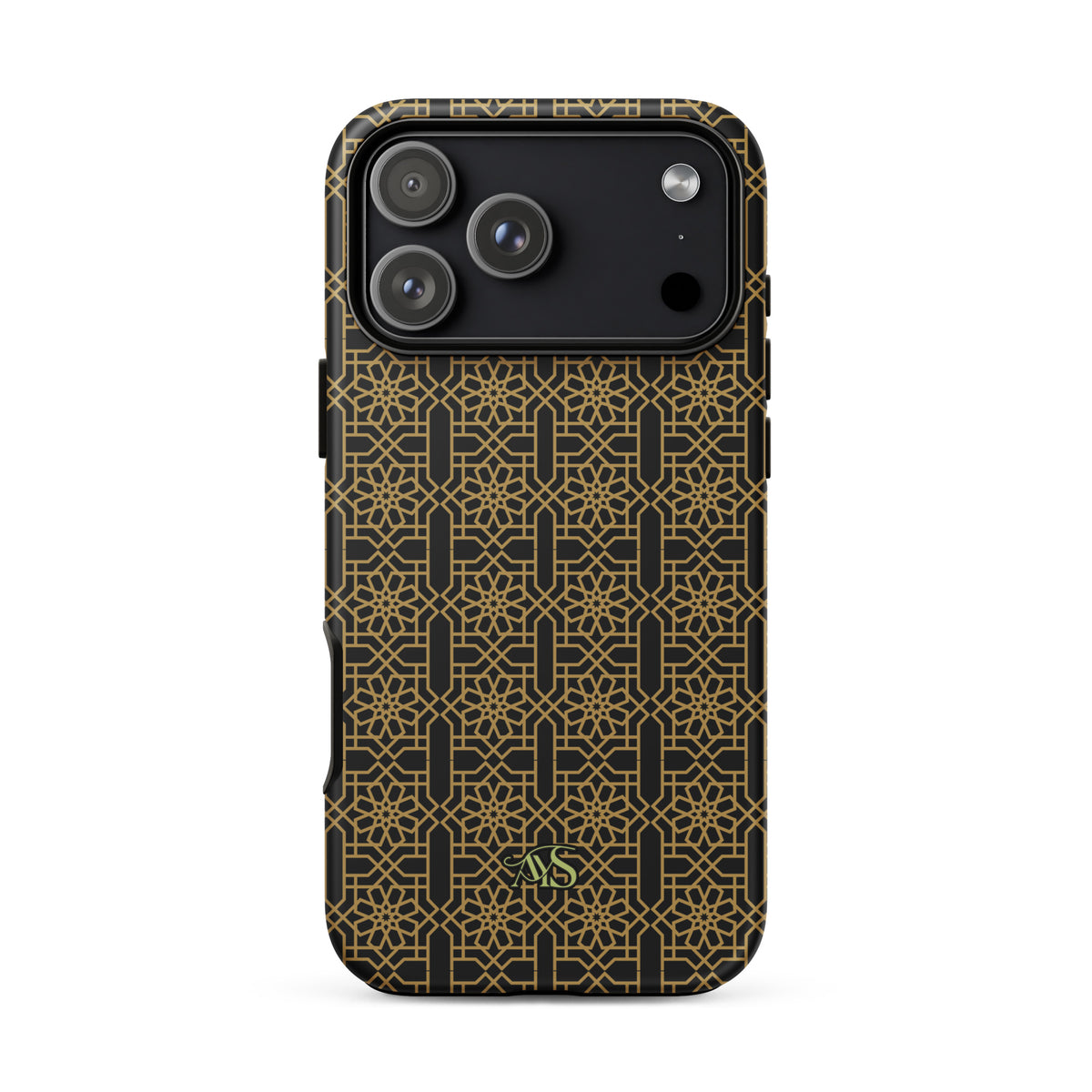 Midnight Gold Noor Tough Phone Case with a black-and-gold pattern and AYS logo at the bottom, designed for iPhone 17 Pro Max