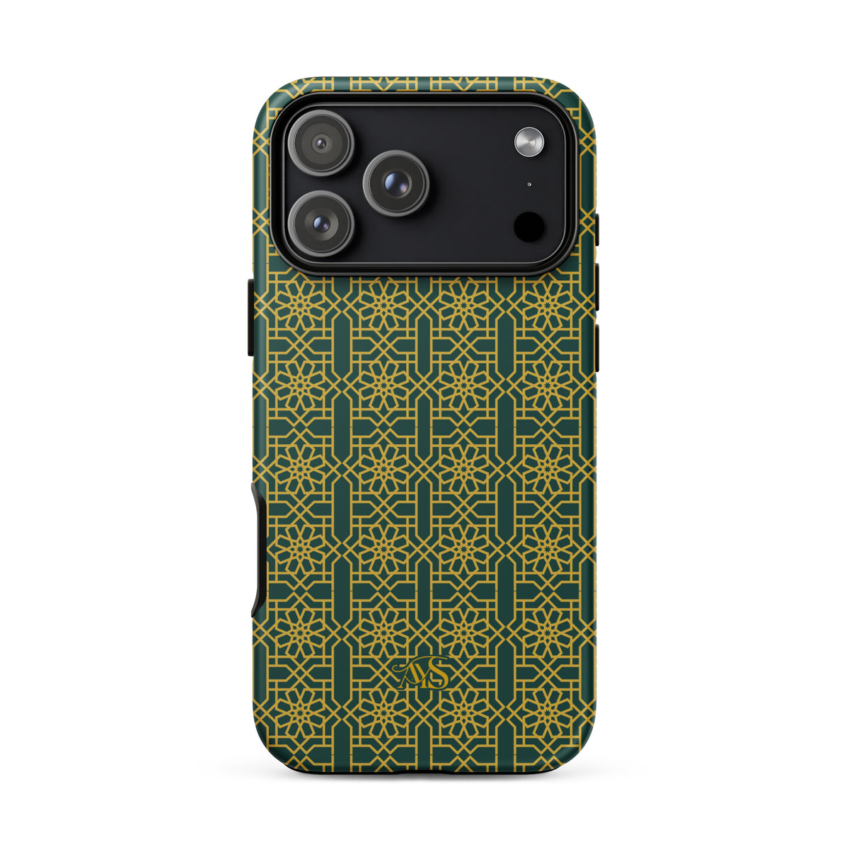 Emerald Gold Noor Tough Phone Case with a green-and-gold pattern and AYS logo at the bottom, designed for iPhone 17 Pro Max