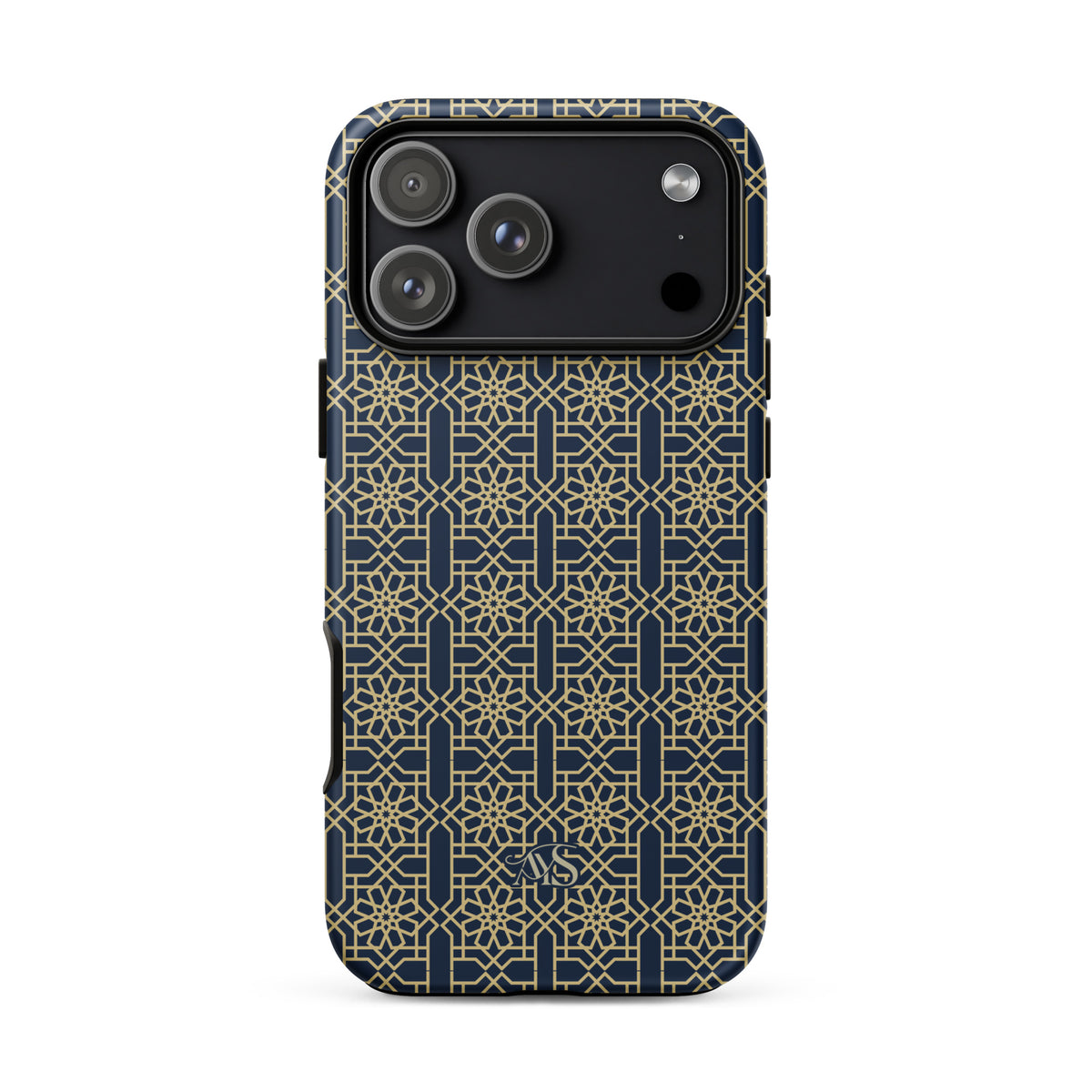 Royal Navy Noor Tough Phone Case with a blue-and-gold pattern and AYS logo at the bottom, designed for iPhone 17 Pro Max