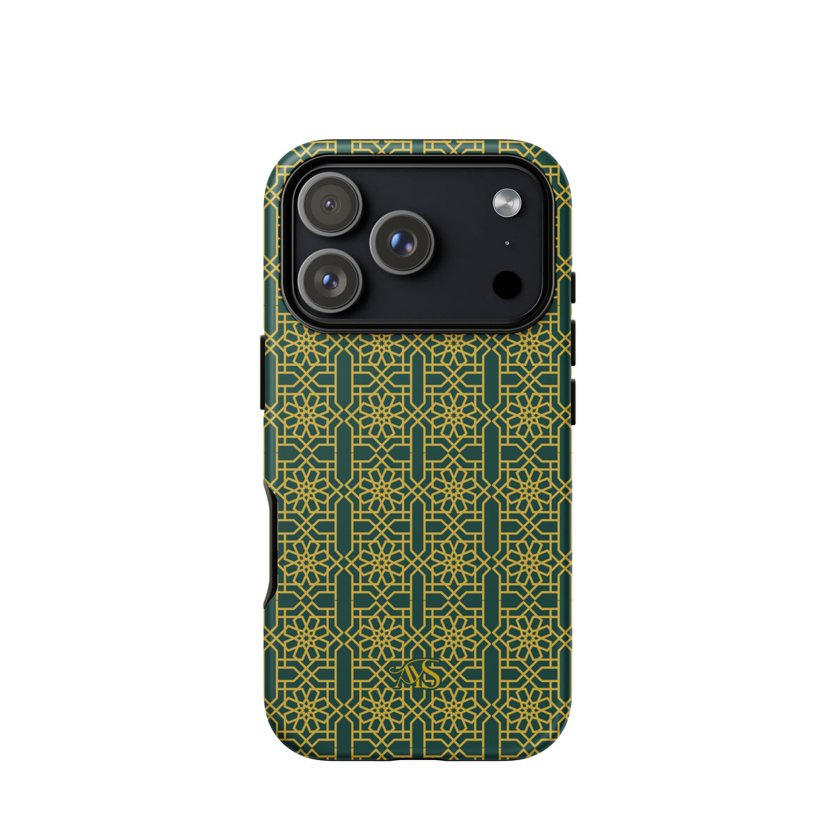 Emerald Gold Noor Tough Phone Case with a green-and-gold pattern and AYS logo at the bottom, designed for iPhone 18 Pro
