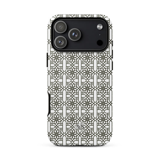 White Classic Noor geometric tough phone case with a black-and-white pattern and AYS logo at the bottom, designed for iPhone 18 Pro Max