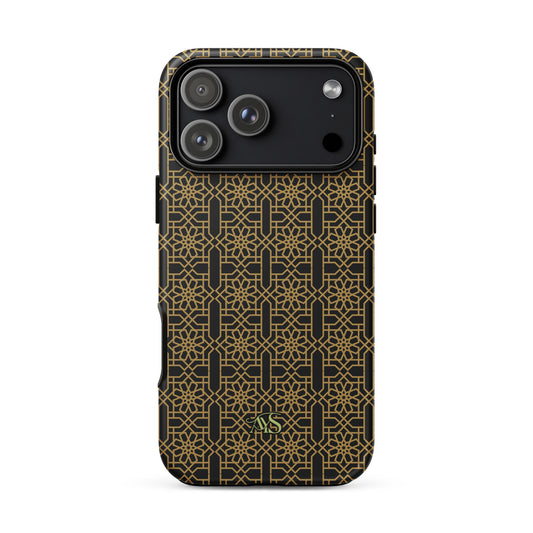 Midnight Gold Noor Tough Phone Case with a black-and-gold pattern and AYS logo at the bottom, designed for iPhone 18 Pro Max